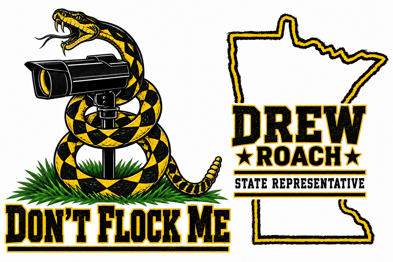 Don't Flock Me — rattlesnake coiled around a surveillance camera. Drew Roach for State Representative.